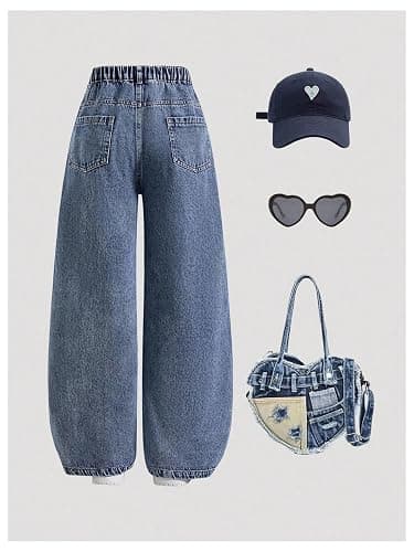 Floerns Girl's Y2k Wide Straight Leg Jeans Elastic Waist Heart Streetwear Baggy Denim Pants thumbnail 2
