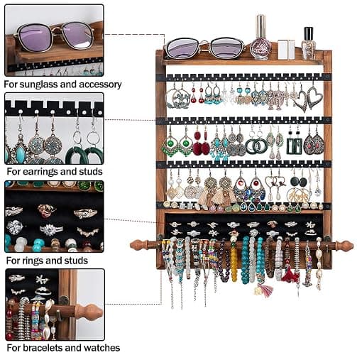QILICHZ 3Pcs Jewelry Organizers and Storage,Wood Earring Organizer,Hanging Jewelry Organizer,Rustic Wall Jewellery Organizer,Wall Mounted Earring Holder for Storage Display Gift (Brown+Black) thumbnail 7