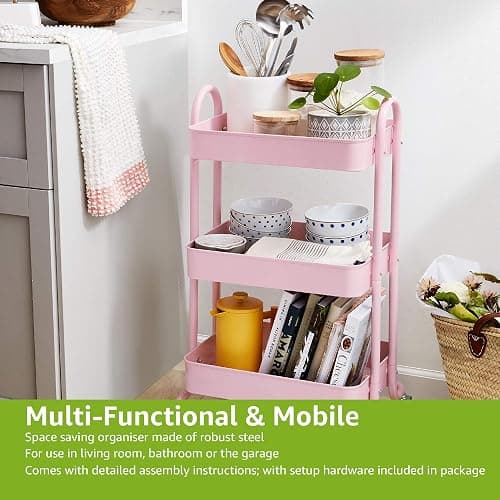 Amazon Basics 3-Layer Kitchen Trolley with 360 Degree Wheels for indoor and outdoor use, Dusty Pink thumbnail 5