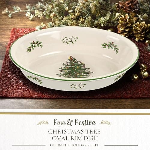Spode Christmas Tree Oval Rim Dish (12.5" x 8.75") Festive Deep Baking Pan for Serving Vegetables, Roast Dinner, Casseroles - Fine Porcelain, Microwave, Freezer, Dishwasher Safe thumbnail 2