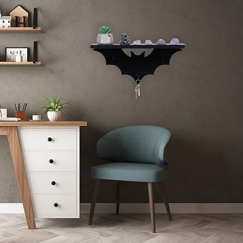 Bat Shelf Floating Shelves for Wall,15.5 inch Wall Shelf with 3 Key Hooks,Black Shelves for Living Room Bedroom Kitchen Gothroom thumbnail 6