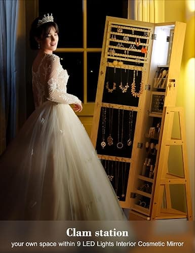 Nicetree 360° Swivel Jewelry Cabinet with Lights, Touch Screen Vanity Mirror, Rotatable Full Length Mirror with Jewelry Storage, Standing Jewelry Armoire Organizer, Foldable Makeup Shelf, White thumbnail 5