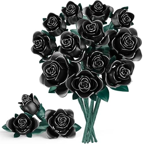 Black Roses Bouquet Building Set, 634Pcs Artificial Roses with 3 Blooming Stages, DIY Floral Home Office Decor for Women, Adults & Kids Ages 6+, Gift for Birthday Valentine's Day Halloween Christmas - Image 1