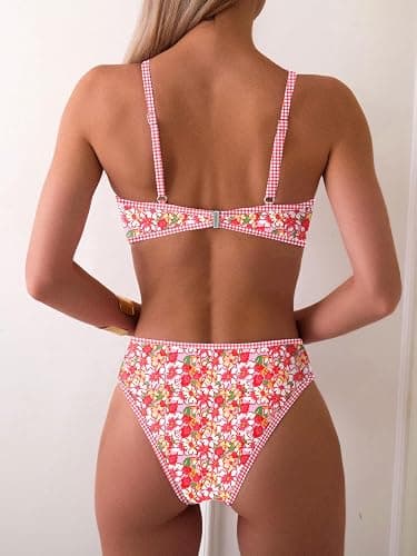 Fanuerg Women's Triangle Bikini Sets O Ring Linked Two Piece Swimsuits Floral Printed Cheeky Bathing Suit thumbnail 3