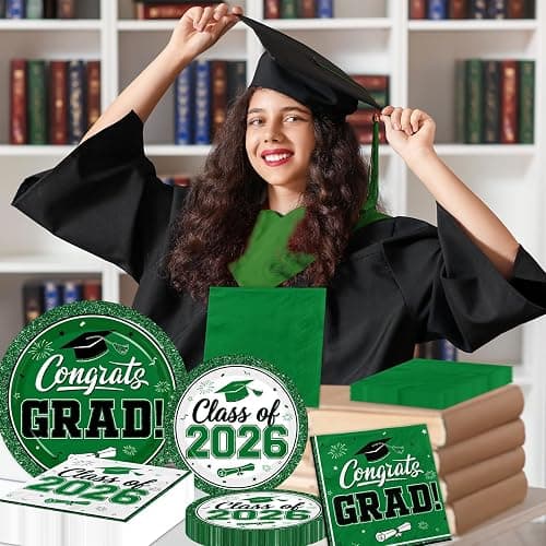 Graduation Plates and Napkins 2026, 200pcs Green Graduation Decorations Class of 2026 Grad Congrats Green Plates and Napkins Party Supplies for Graduation Party Favors,Serve 50 thumbnail 4