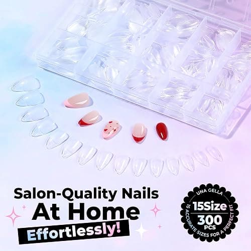 UNA GELLA Short Almond Gel Nail Tips 15 Sizes 300PCS Pre-Etched Soft Gel Clear Nail Tips Easy DIY Salon Short Almond Press On Nails Snug Fit Acrylic Fake Tips Extensions Long-Lasting Hold thumbnail 7