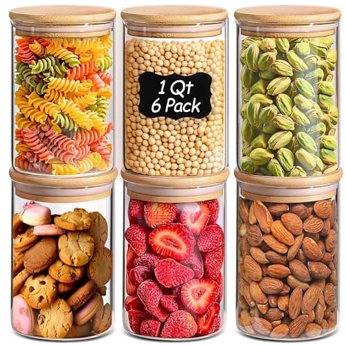 ComSaf 1 Qt Glass Storage Containers with Lids, Glass Jars with Lids, Clear Food Storage Jar, Round Canister Set of 6, Pantry Organizers for Cookie Pasta Flour Rice Tea Coffee Bean - Image 1