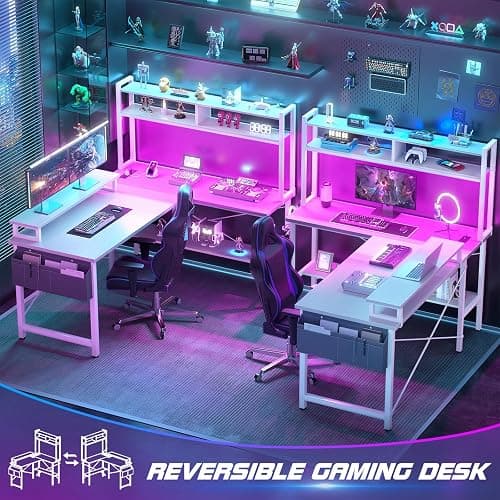 Aheaplus L Shaped Gaming Desk with Power Outlets & LED Lights, Small L- Shaped Desk Computer Corner Desk with Monitor Stand & Storage Shelf, Home Office Desk Writing Desk with Storage Bag, White thumbnail 7