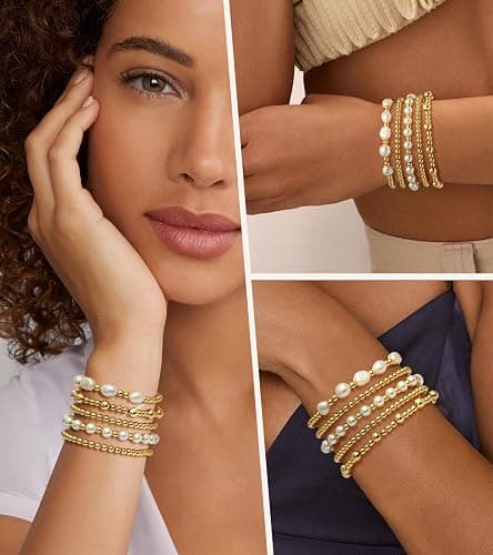 adoyi Gold Bracelets for Women Beaded Bracelet 14K Gold Plated Bracelet Stack Strand Stretch Bead Ball Bracelet Set Stackable Bracelet Adjustable Bracelet Set Jewelry for Gifts thumbnail 3
