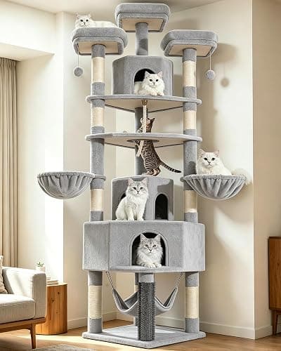 Fobyfurny Arbre à Chat XXL, 220 cm, avec Grande Grotte, Gris Clair | 3 Perchoirs, 8 Griffoirs, Hamac, Panier, Poteau de Toilettage, Corde Épaisse en Sisal Usage Intérieur FPMS011FG1 - Image 1