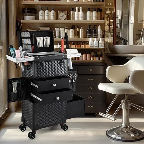Joligrace Cosmetology Case on Wheels, Rolling Makeup Case for Hairstylists & Makeup Artists， Lockable Professional Make up Case Salon Trolley Cart with Hairdryer Holder for Salon/Barber/Travel, Black thumbnail 6