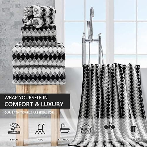 8 Piece Bathroom Towel Set Black White|2 Oversized Large Bath Towels Sheet,2 Hand Towels,4 Washcloths| 600GSM Soft Towel Set for Bathroom Hotel,Highly Absorbent Quick Dry Bath Towel Collections thumbnail 3