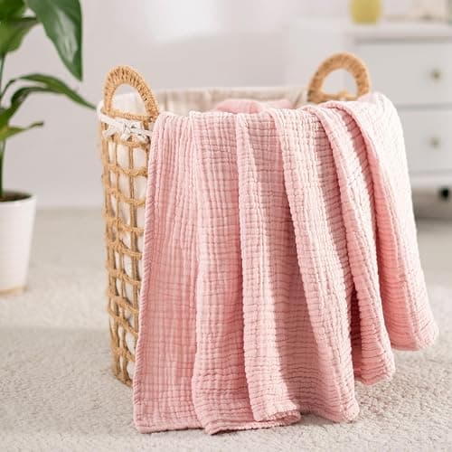 Carriediosa 100% Cotton Muslin Throw Blanket 90" X 90" Queen Size，4-Layers Summer Gauze Throws for Bed Couch，Soft Lightweight Breathable Linen Blankets Bedspread for Adults All Season，Dusty Pink thumbnail 2