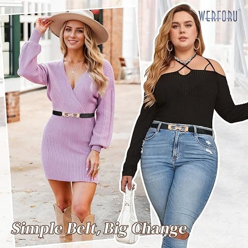WERFORU 3 Pack Women Skinny Elastic Waist Belt Gold Buckle Stretchy Thin Belt for Jeans Dress thumbnail 2