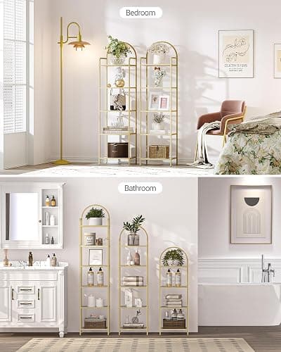 Hzuaneri 5 Tier Bookcase Bookshelf, Tempered Glass Bookshelves, Slim Shelving Unit for Bedroom, Bathroom, Home Office, Steel Frame, Gold BC05001G thumbnail 5