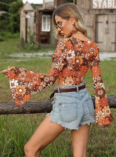 For G and PL Women Tie Front Bell Sleeve Rave Crop Tops Floral Print Hippie Mesh Sheer Shirt thumbnail 6