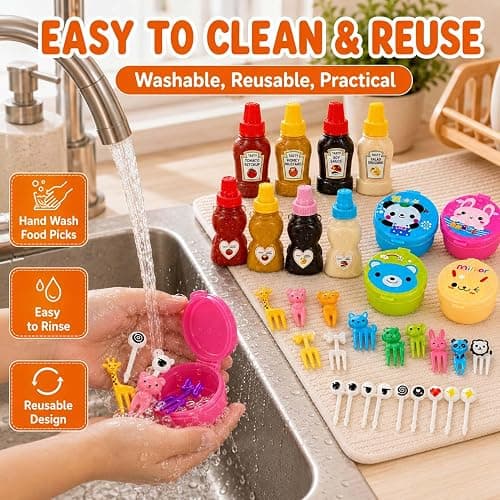 WXOIEOD 72 Pack Lunch Box Accessories, Including Mini Ketchup Bottle Bear Shaped Condiment Squeeze Bottles Small Sauce Containers Animal Food Picks for Travel Bento Box Picnic thumbnail 8