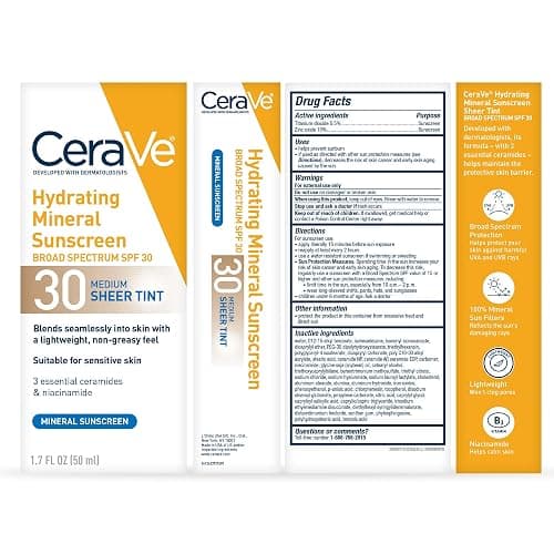 CeraVe Hydrating Mineral Sunscreen SPF 30 with Sheer Tint, Tinted Mineral Sunscreen with Zinc Oxide & Titanium Dioxide, Blends Seamlessly For Healthy Glow, Medium, 1.7 Fluid Ounce thumbnail 9