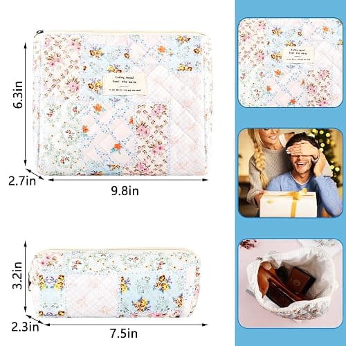 2Pcs Quilted Cotton Makeup Bag Large Travel Makeup Pouch Small Brush Holder Set for Women Cute Floral Coquette Makeup Bag Aesthetic Cosmetic Bag Flower Bee Toiletry Organizer Storage Bag Zipper Pouch thumbnail 2