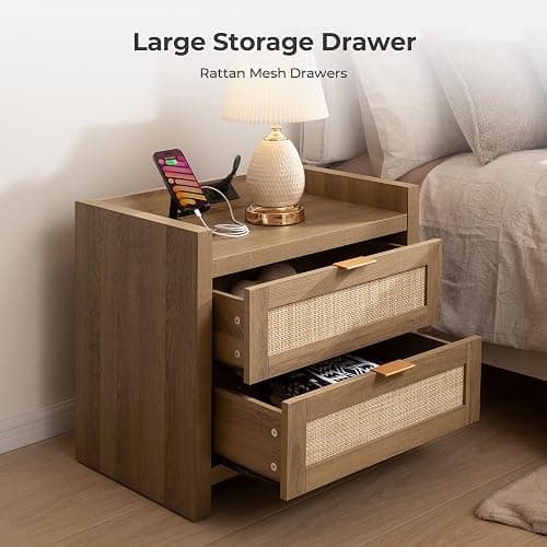 SICOTAS Night Stand Set of 2 - Rattan Nightstands with Type-C Charging Station, 2 Rattan Drawers - Boho Bed Side Tables End Table for Small Space - Natural Oak thumbnail 4
