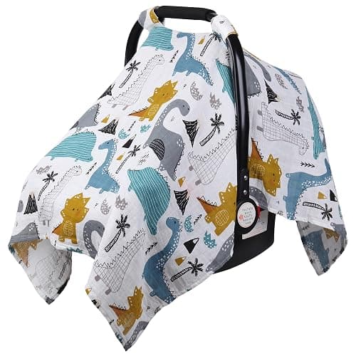 Rquite Dinosaurs Carseat Cover - Muslin Cotton Infant Car Seat Canopy, Breathable Baby Carrier Cover, Summer Stroller Sun Shade - Image 1