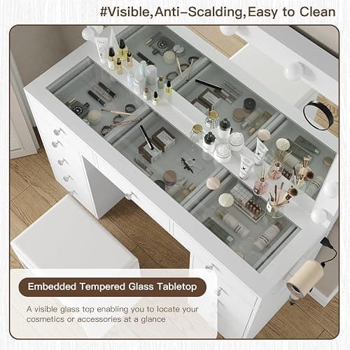 Yanosaku Vanity Desk & Power Outl, Makeup Vanity with Mirror and 12 LED Lights, Makeup Table with 11 Drawers, Vanity Table with Chair,Set 3 Lighting Modes Brightness Adjustable-(White) thumbnail 6