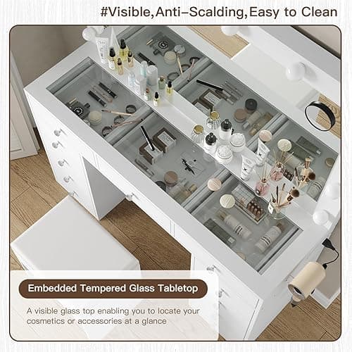 Yanosaku Vanity Desk & Power Outl, Makeup Vanity with Mirror and 12 LED Lights, Makeup Table with 11 Drawers, Vanity Table with Chair,Set 3 Lighting Modes Brightness Adjustable-(White) thumbnail 7