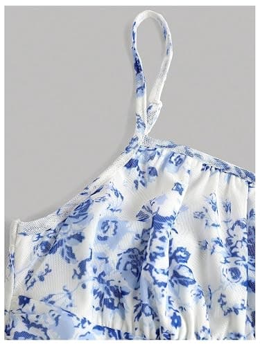 Floerns Girl's Floral Print Spaghetti Strap Bodycon Dress Mesh Ruched Cami Mini Dress thumbnail 4