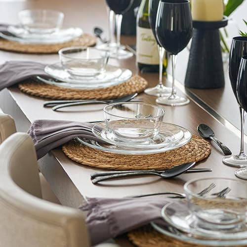 12pc Glass Dinnerware Set - Sleek Round Clear Glass Plate and Bowl Sets - Dishwasher Safe, Bread & Butter Dinner, Dessert, Salad Plates & Serving Cereal Soup Bowls Dishes for Kitchen Dining & Parties thumbnail 5
