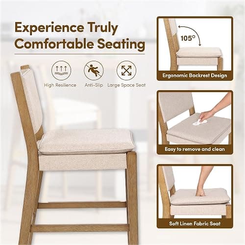 AllForWood Jayden Premium Solid Wood Mid-Century Upholstered Counter Stools 24", Set of 2, Solid Rubberwood Legs, Natural Flax, Modern Light Brown Finish for Kitchen Island, Dining Room, Home Bar thumbnail 8