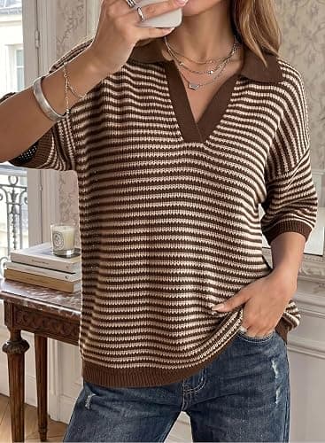 Dokotoo Women's Half Sleeve Striped Sweaters 2026 Collared V Neck Knit Top | Summer Fall Outfits,Polo V Neck,Drop Shoulder Shirts,Oversized,Soft Comfy,Pullovers Knit Tops,Fashion Clothing thumbnail 2