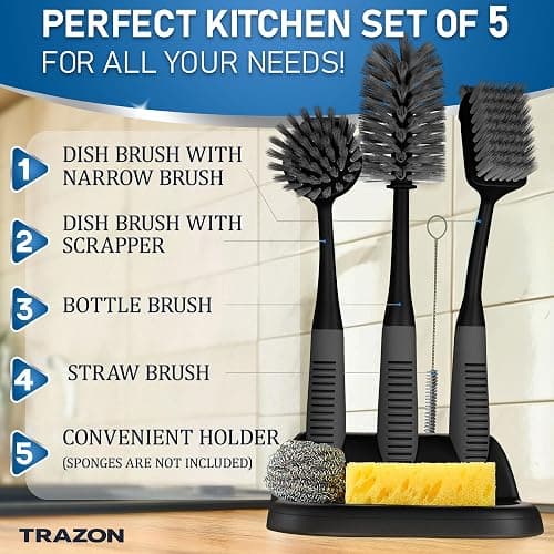 Dish Brush Set of 5 with Holder - Kitchen Scrub Brushes with Non-Slip Long Handle for Cleaning, Scrubber, Dishwashing, Dishes, Bottles, Straws, Cups, Pots & Sink, Black thumbnail 2