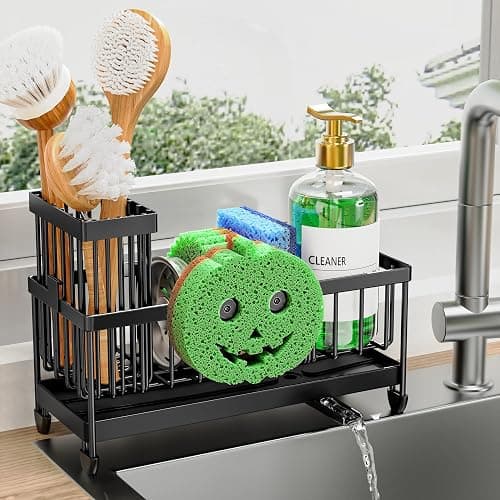 Cisily Sponge Holder for Kitchen Sink, Sink Caddy Organizer with High Brush Holder, Kitchen Countertop Organizers and Storage Essentials, Rustproof 304 Stainless Steel (Black with Smiley Face, 9.25″) - Image 1