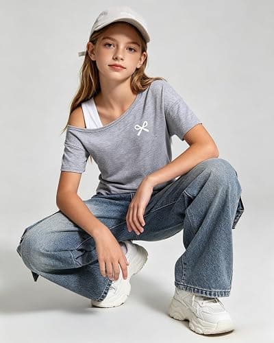 Kxuryueo Teen Girl Clothes One Shoulder Top and Wide Leg Stretch Jeans 2 Piece Casual Outfits Size 7-16 thumbnail 6