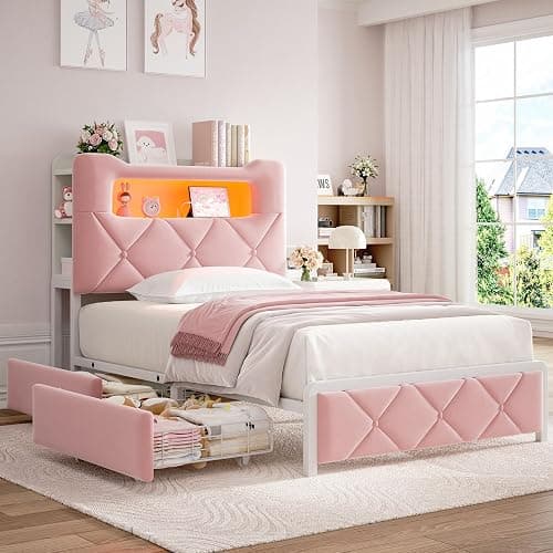 Twin Upholstered LED Bed Frame with 2 Storage Drawers and 2-Tier Storage Bookcase Headboard, Velvet Princess Platform Bed for Kids/Girls/Boys, Heavy Duty Metal Support, No Box Spring Needed, Pink thumbnail 8