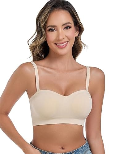 ANGOOL Strapless Bras for Women Wirefree Non-Slip Tube Top Invisible Bralette Seamless Padded Bandeau Bra - Large - Beige thumbnail 4