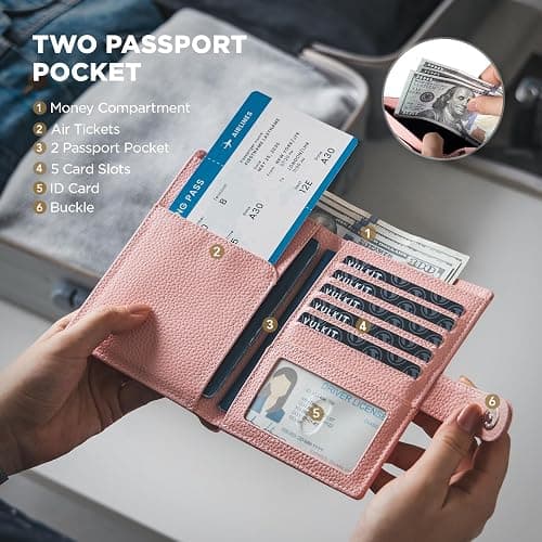 VULKIT Dual Leather Passport Wallet for RFID 2 Passports Holder | Travel Document Organizer, Perfect for Couples, Dual citizens, Credit Cards Cash Slot, ID Windows thumbnail 2