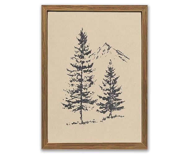 Framed Forest Pine Tree Wall Art Print Canvas, Rocky Mountain Landscape Drawing Poster, Minimalist Spruce Tree Painting Picture, Rustic Nature Wall Decor for Living Room Bedroom Cabin Office12x16In - Image 1