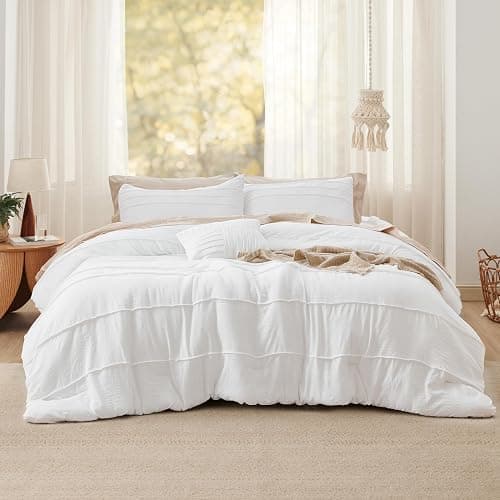 Bedsure Full Comforter Set - 4 Pieces Pinch Pleat Bed Set, White Boho Bedding for All Season, 1 Soft Comforter, 2 Pillowcases, 1 Decorative Pillow thumbnail 7