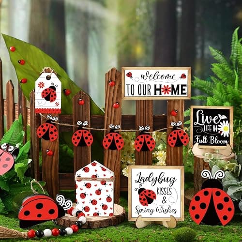 20 Pcs Ladybug Tiered Tray Decorations Spring Ladybug Wooden Blocks Sign Farmhouse Decorative Trays Red Ladybird Table Top Decor for Spring Decorations Home Kitchen Shelf Display Holiday Housewarming thumbnail 3