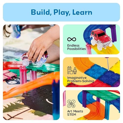 PicassoTiles Magnetic Tiles Race Track Car Thrilling Toy Playset Includes 2 Racing Trucks STEM Educational Magnet Tile Building Block Construction Set for Toddlers Boys Girls Ages 3 and Older PTR30 thumbnail 2