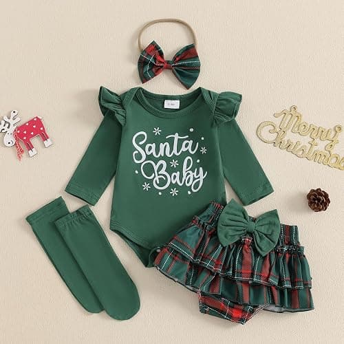 FYBITBO Newborn Baby Girl Christmas Outfits Cute Letter Romper Ruffle Plaid Skirt Dress Infant Christmas Outfit Clothes Set thumbnail 2