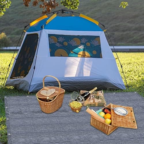 FIVMEN Tapis d'auvent - 400 x 600 cm - Tapis de camping - Antidérapant - Lavable - Avec trous - Piquets et sac de transport - Gris et bleu thumbnail 9
