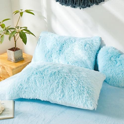 Blue Plush Pillow Covers, Fuzzy Fluffy Furry Shaggy Faux Fur Pillow Cases for Bedroom décor, Soft Blue Pillow Covers 26"x20" with Zipper Closure, Decorative Set of 2 - Image 1