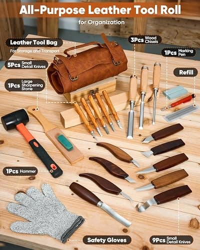 SakerNeo 25-Piece Wood Carving Kit Whittling Kit with Leather Storage Bag | Wood Carving Tools wood carving set Includes Gouges, Chisels, Knives – Ideal Woodworking Set for Beginners & DIY Gift thumbnail 3