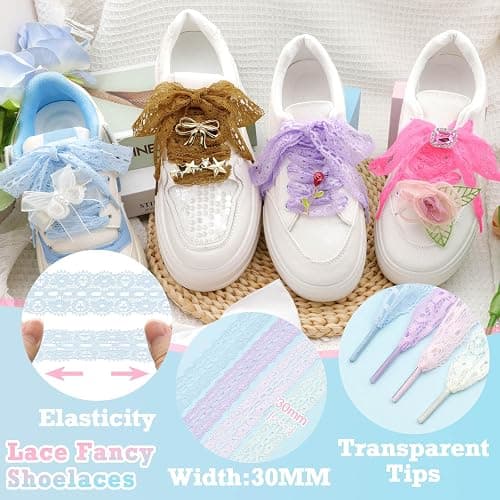 WEGOODZF Lace Shoelaces, 2 Pairs Lacy Shoe Laces for Sneakers, 3CM Wide Lace Shoes Strings for Women thumbnail 3