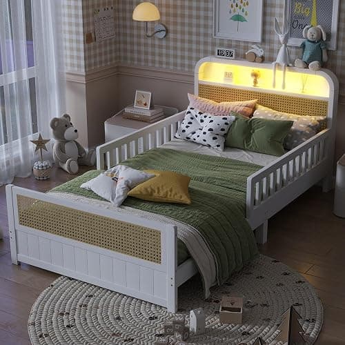 Twin Bed with Rails, Wood Twin Bed Frame with LED Lights and Storage Headboard, Twin Platform Bed Frame with Headboard, Wooden Twin Bed Frame for Kids with Side Rails, No Box Spring Needed, White thumbnail 8