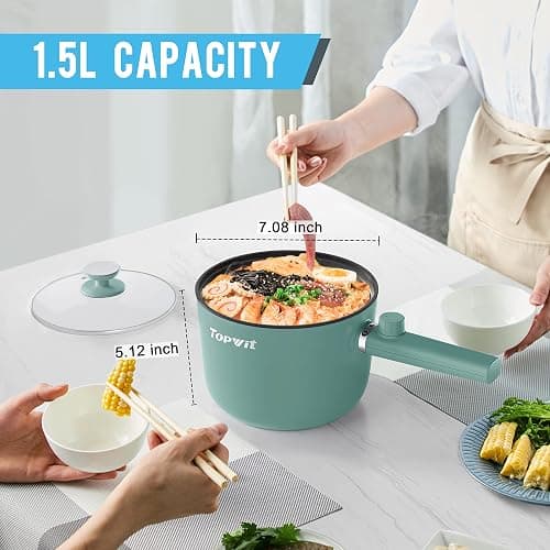 Topwit Hot Pot Electric, 1.5L Ramen Cooker, Non-Stick Frying Pan, Electric Pot for Pasta, Steak, BPA Free, Dual Power Control, Over-Heating & Boil Dry Protection, Green thumbnail 2
