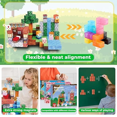 Magnetic Blocks-150PCS Grassland Magnetic Building Blocks Set, Kids Classroom Sensory Toy for Toddlers STEM Learning, Construction Stacking Toy for Kids 3+ Boys and Girls Christmas Birthday Gifts thumbnail 5