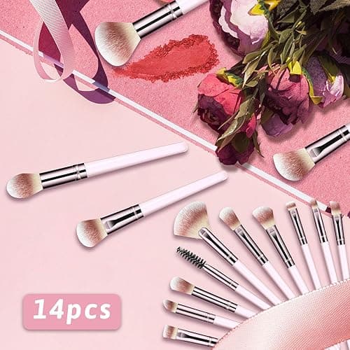 Makeup Brush Set, Premium Synthetic 14 Pcs Makeup Brushes, Travel Makeup Brush Set for Foundation, Concealer, Blush and Eyeshadow Brush(Pink) thumbnail 8